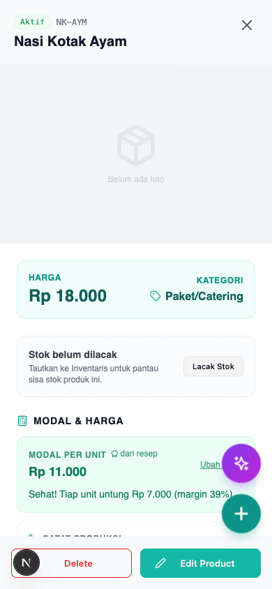 Panel Modal & Harga: HPP, saran harga, status margin, BEP