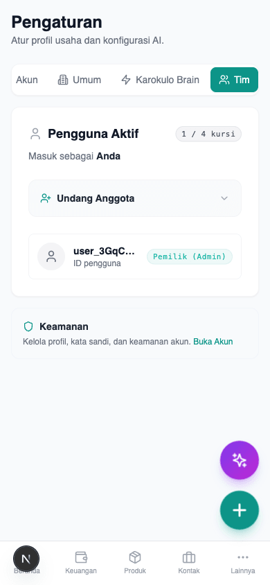 Undang anggota tim + pilih peran di Pengaturan